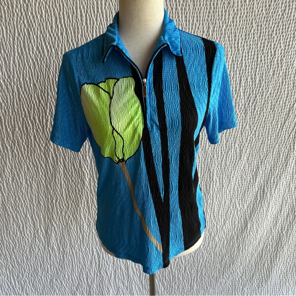 Jamie Sadock Shirt Top Pullover Blue Green Short Sleeve Crushed Zip M